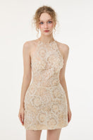 Beige Amira lace mini dress by 21Six featuring intricate lace details and a stylish, fitted silhouette.