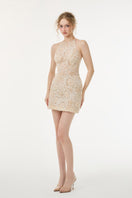 Beige Amira lace mini dress by 21Six featuring delicate lace details and a fitted silhouette.