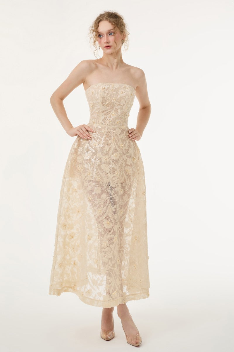 Beige FIORA lace gown by 21Six featuring intricate lace details and a flowing silhouette, perfect for elegant occasions.