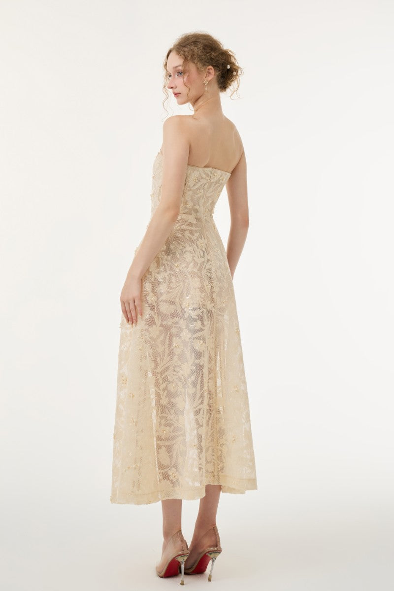 Beige FIORA lace gown by 21Six featuring intricate lace details and a flowing silhouette, perfect for elegant occasions.