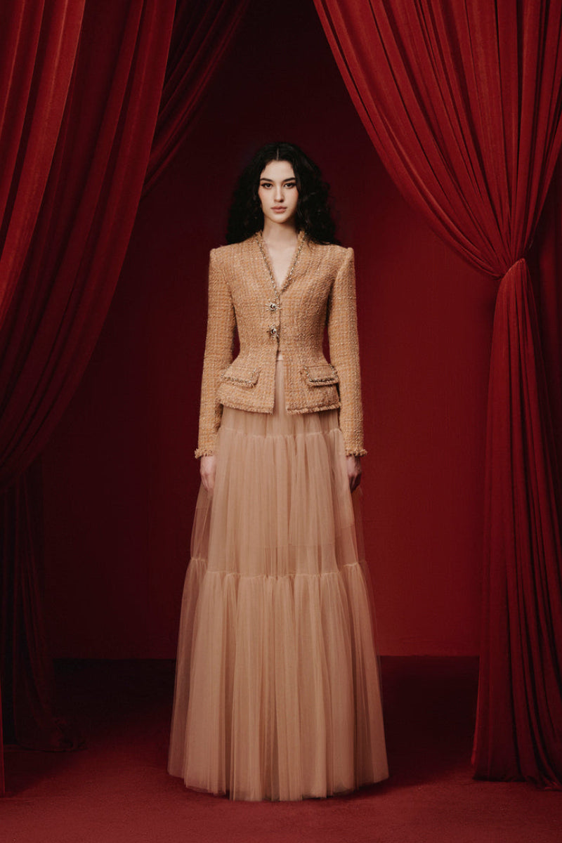 Elegant gown from the HALLIE SET IN TWEED by JOSÉPHINE, featuring a stylish tweed fabric and sophisticated design.