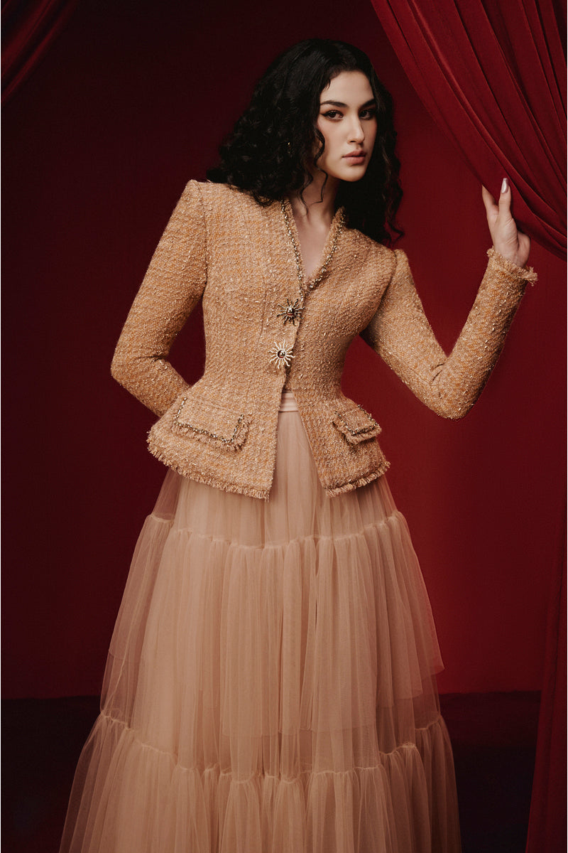 Joséphine Hallie set in tweed gown featuring classic tailored design and textured fabric, perfect for elegant occasions.