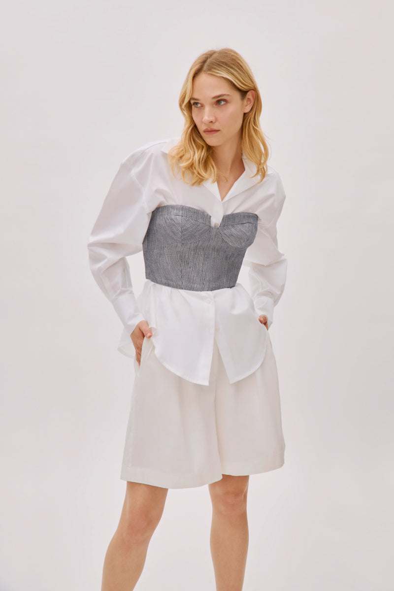 STORM NAVY STRIPED LINEN-BLEND BUSTIER TOP - CULT MIA