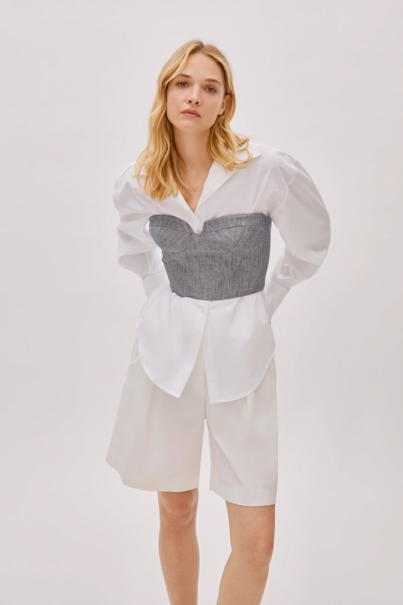 STORM NAVY STRIPED LINEN-BLEND BUSTIER TOP - CULT MIA