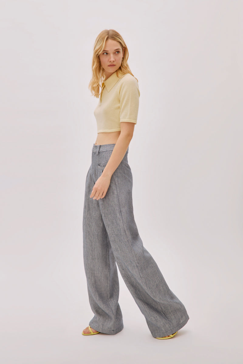 CANDICE NAVY LINEN-BLEND STRIPED PANTS - CULT MIA