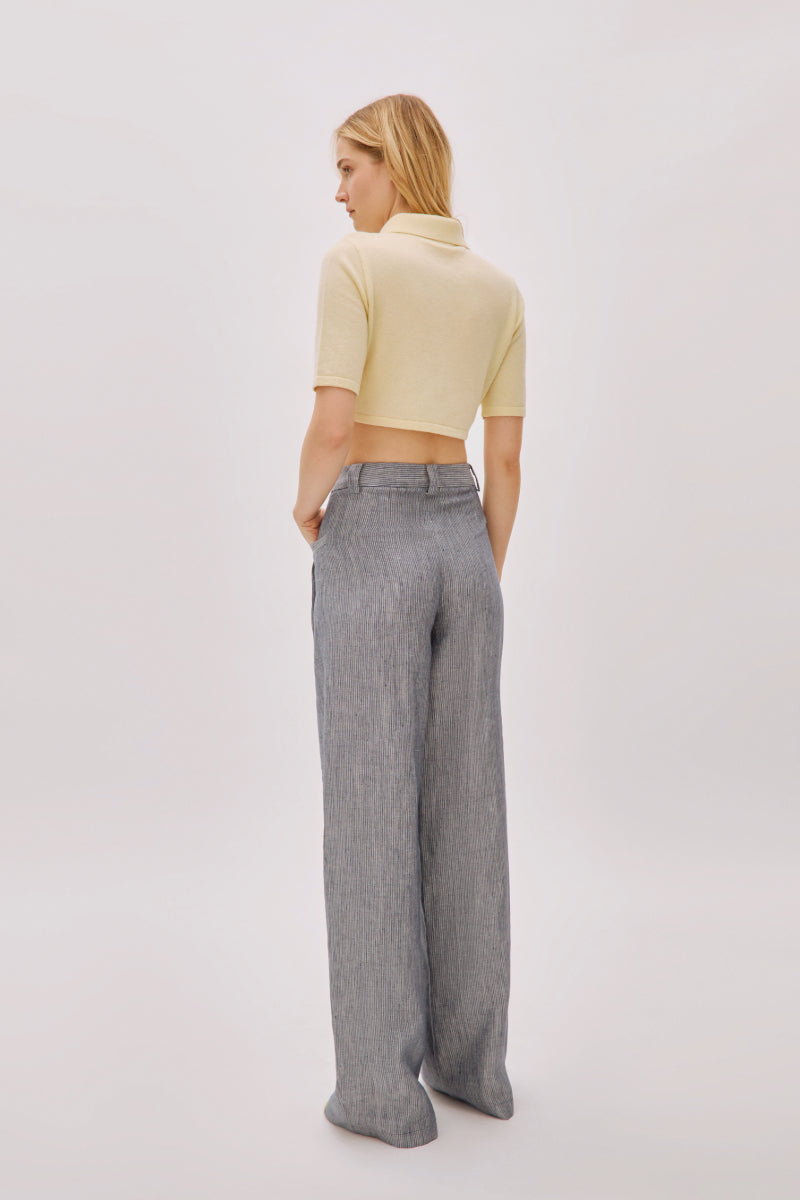 CANDICE NAVY LINEN-BLEND STRIPED PANTS - CULT MIA
