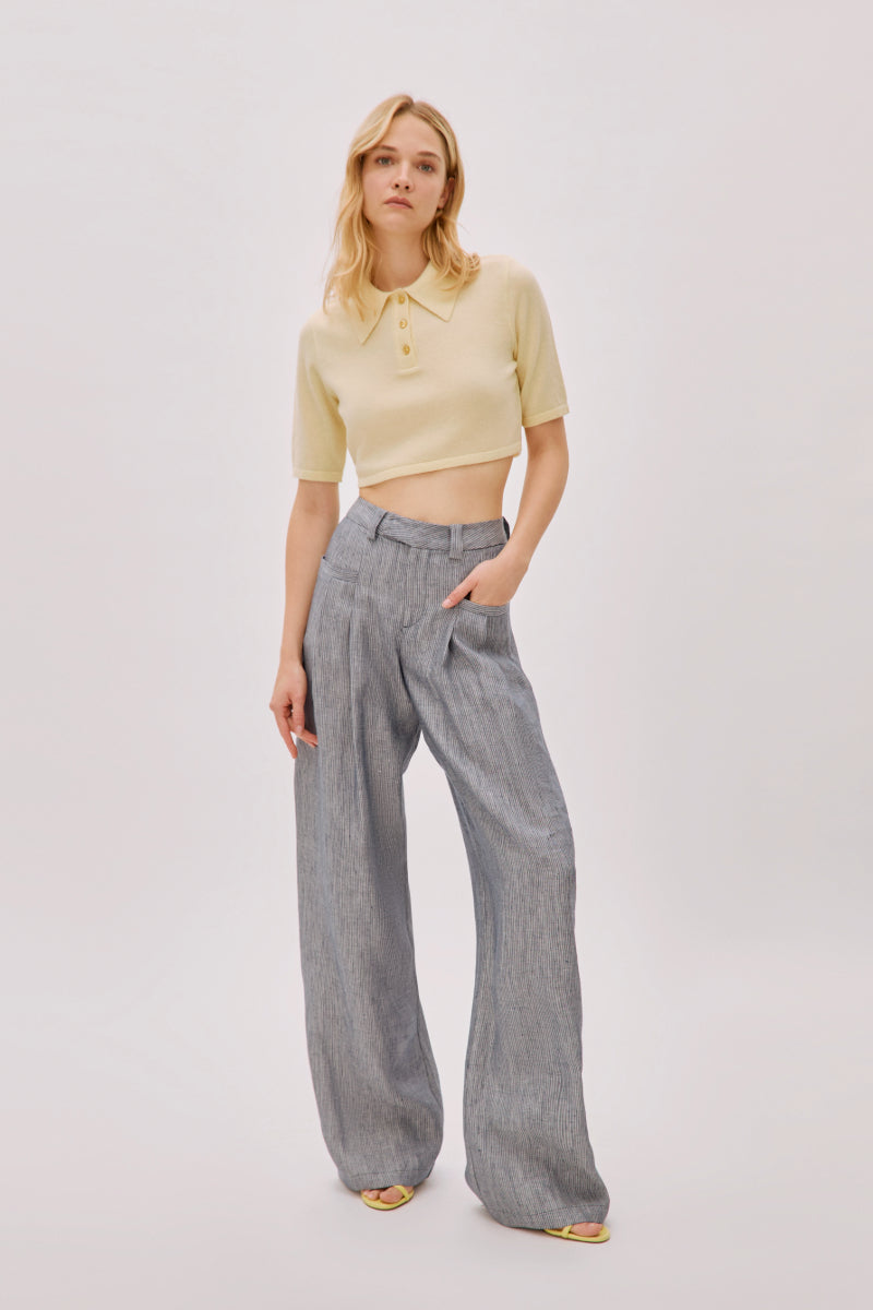 CANDICE NAVY LINEN-BLEND STRIPED PANTS - CULT MIA