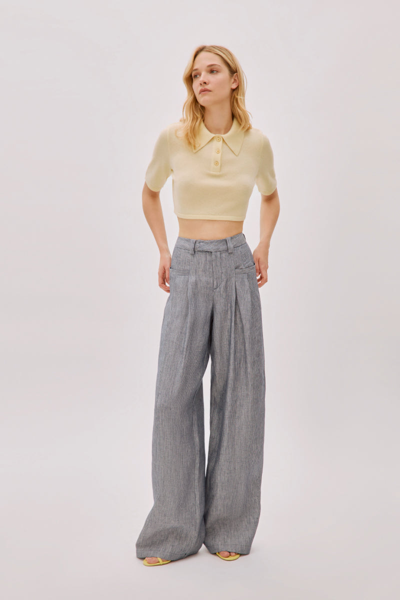 CANDICE NAVY LINEN-BLEND STRIPED PANTS - CULT MIA