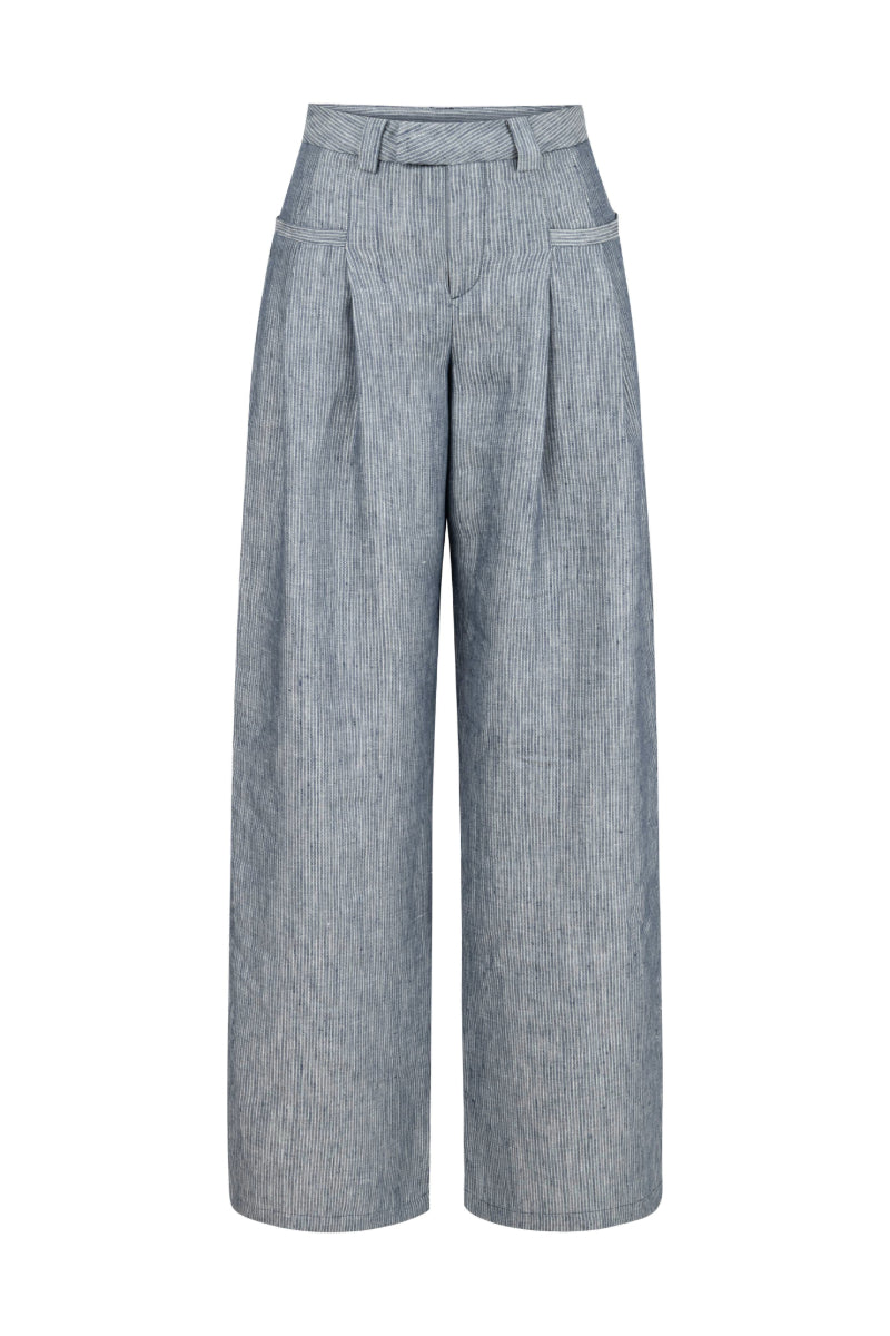 CANDICE NAVY LINEN-BLEND STRIPED PANTS - CULT MIA
