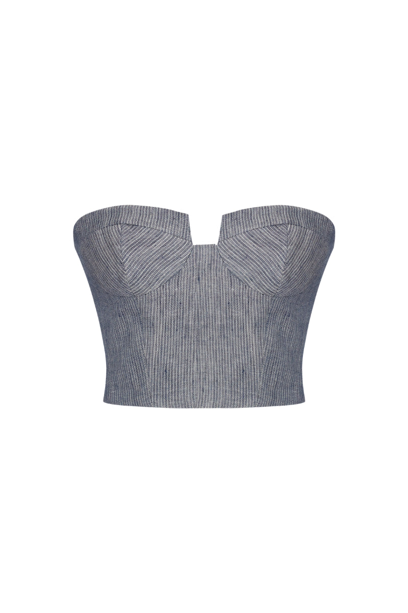 STORM NAVY STRIPED LINEN-BLEND BUSTIER TOP - CULT MIA