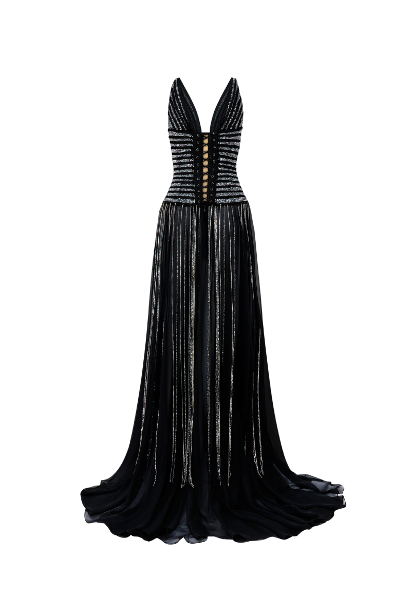 STRIPED BEADED GOWNS IN BLACK - CULT MIA