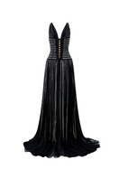 Black striped beaded gown by CEM featuring a fitted silhouette and intricate beadwork, displayed on a mannequin.