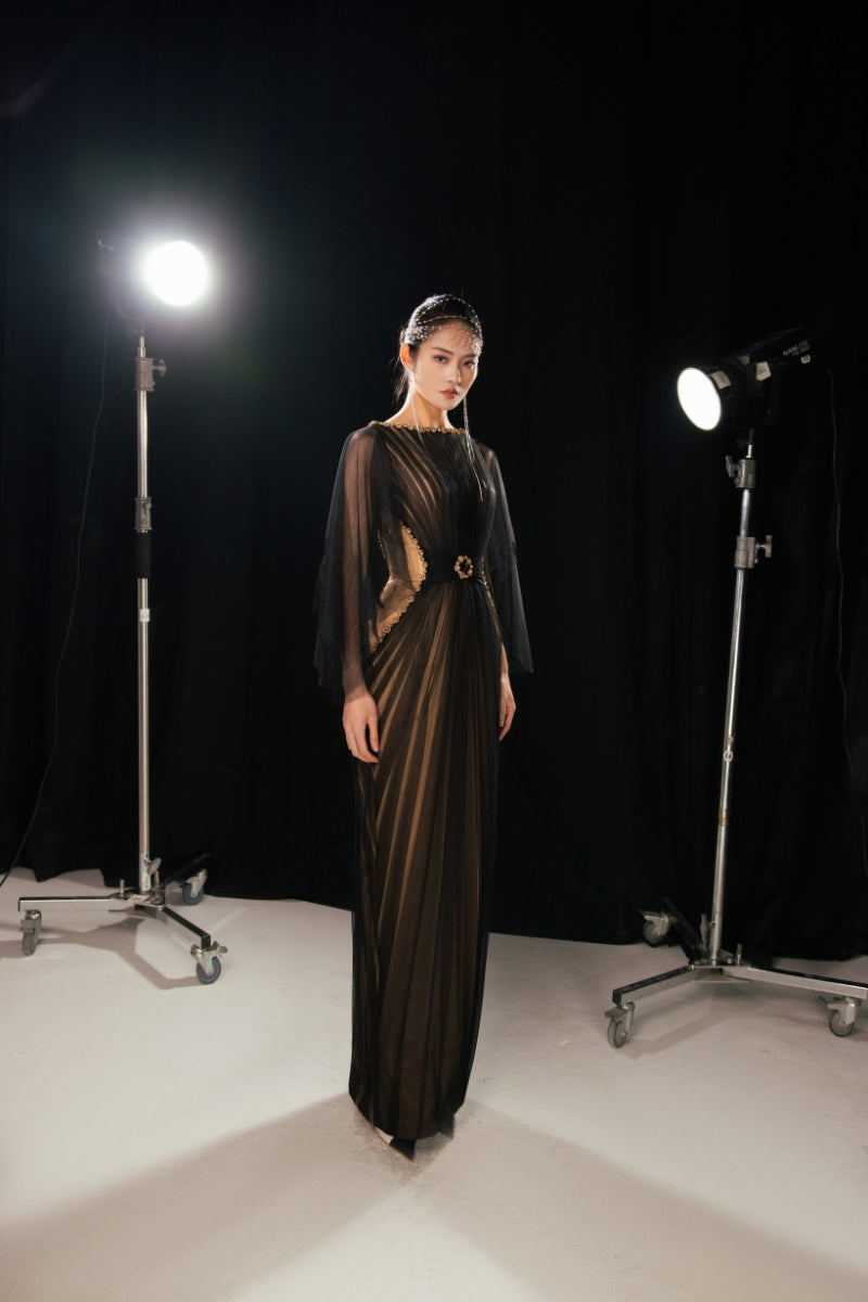 Black pleated waist mesh maxi gown by Happy Clothing featuring a flowing design and elegant silhouette.
