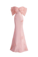 Pink flower appliqué organza gown from Happy Clothing featuring delicate floral embellishments and flowing fabric.