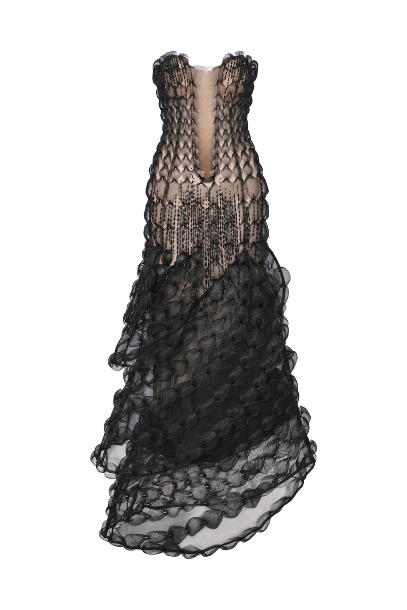 BLACK SHEER TULLE DRESS WITH 3D DETAILS - CULT MIA