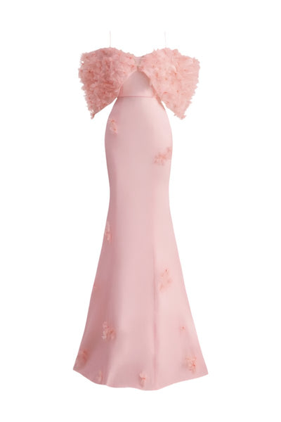 strapless open back dress PINK FLOWER APPLIQUE ORGANZA GOWN | CULT MIA