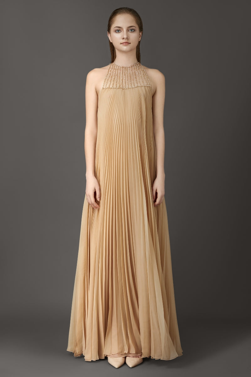 MAXI RELAXED PLEATING DRESS WITH HAND EMBROIDERY - CULT MIA