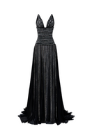 Black striped beaded gown by CEM featuring elegant beaded details and a flowing silhouette.