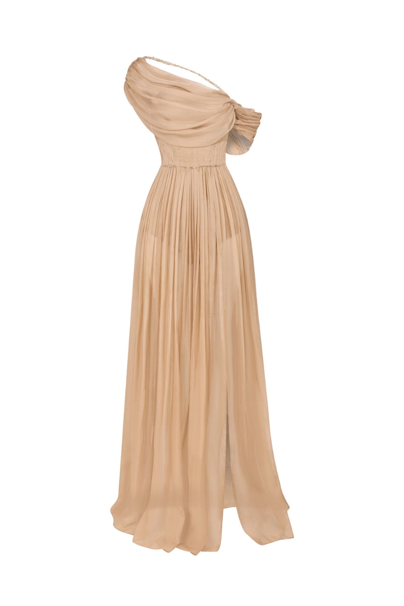 BROWN NUDE CHIFFON WITH HAND- PLEATED MAXI DRESS - CULT MIA