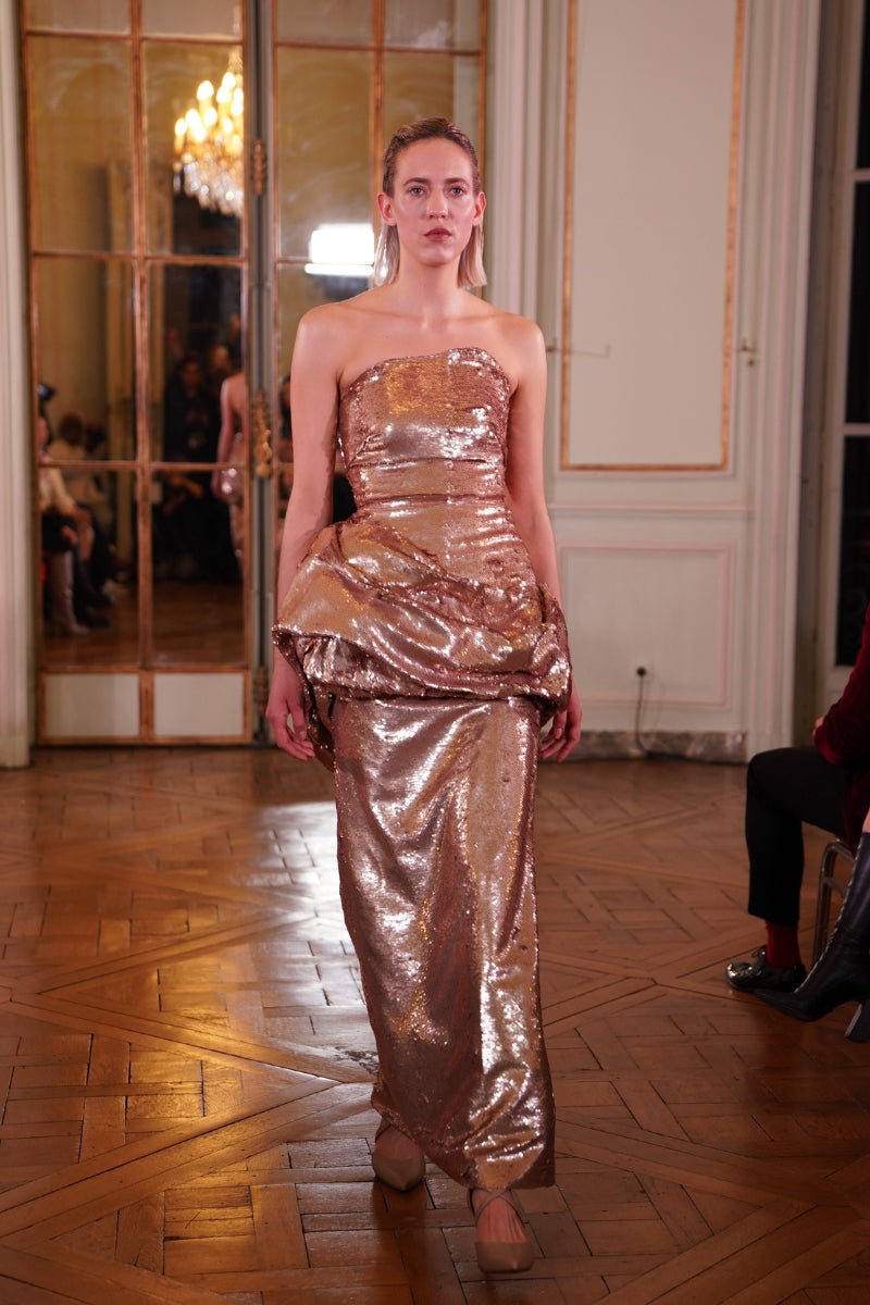 COOPER SEQUIN LONG DRESS WITH DRAPING WAIST BUMP - CULT MIA