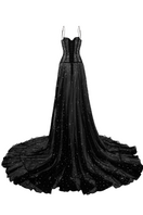 Black Starburst high-low gown by CEM, flowing fabric with a stylish high-low hem, elegant evening gown suitable for formal events.