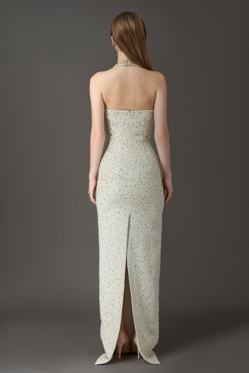 DEEP V-NECK ELEGANT DRESS WITH HAND EMBROIDERED GOLD SEQUINS - CULT MIA