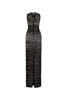 Black stripe beaded gown by CEM featuring intricate beadwork and flowing fabric, displayed on a mannequin.