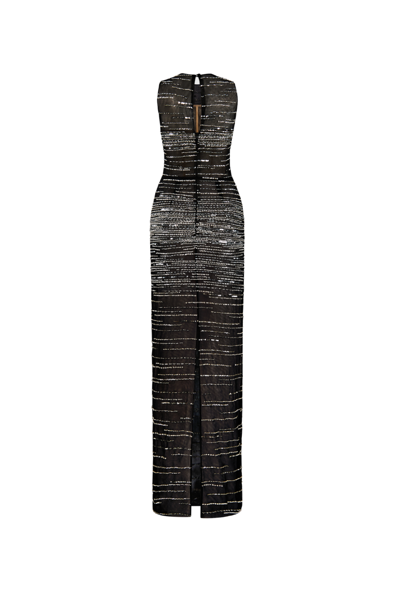 Black stripe beaded gown by CEM featuring intricate beadwork and flowing fabric, displayed on a mannequin.
