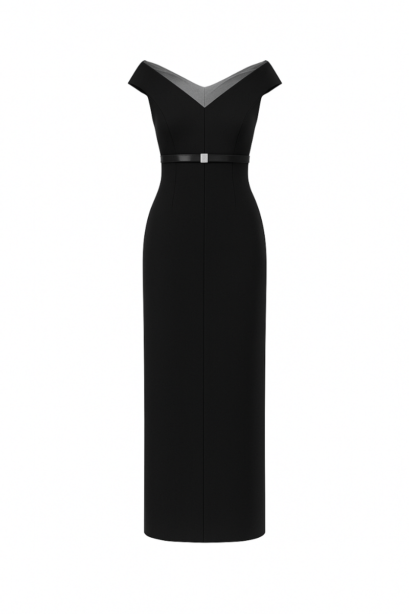 BLACK ISMERA SHEATH OFF SHOULDER CREPE CALF LENGTH DRESS