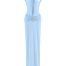 Blue deep plunge gown by CEM featuring a maxi dress design with a brooch detail and elegant flowing fabric.
