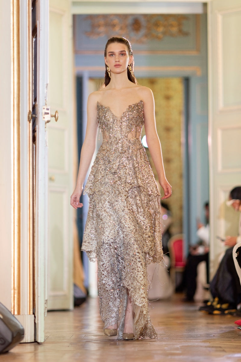 DEEP GOLD VNECK CORSET DRESS WITH METALLIC BEAD EMBROIDERY AND PLAYFUL FRINGES | CULT MIA | Phan Huy DEEP GOLD VNECK CORSET DRESS WITH METALLIC BEAD EMBROIDERY AND PLAYFUL FRINGES | CULT MIA | Phan Huy