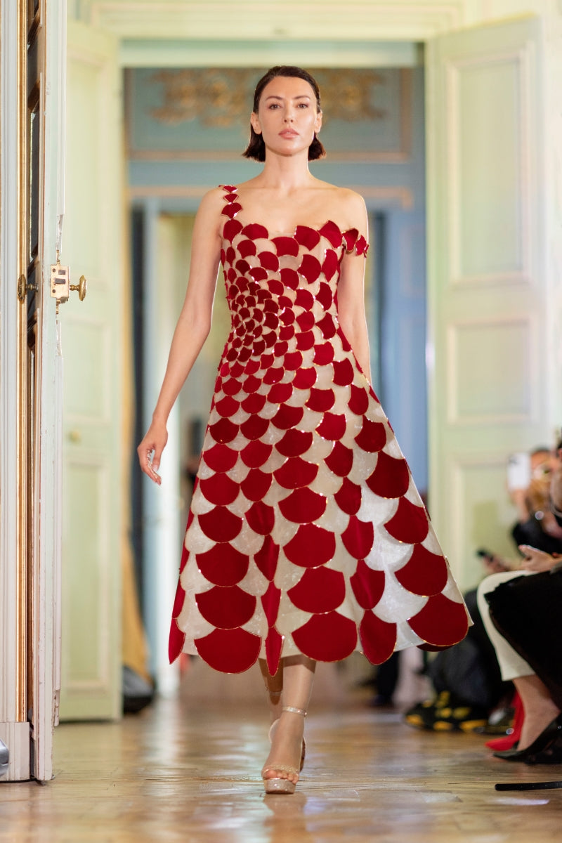 A-LINE SHEER TULLE DRESS WITH RED VELVET FABRIC CUTS - CULT MIA