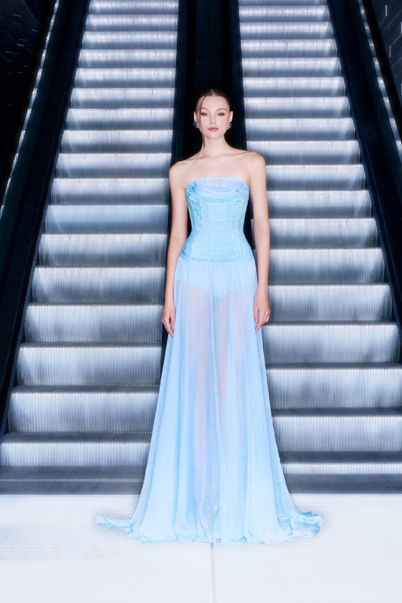 STRAPLESS CORSET SILK GOWN IN BLUE - CULT MIA
