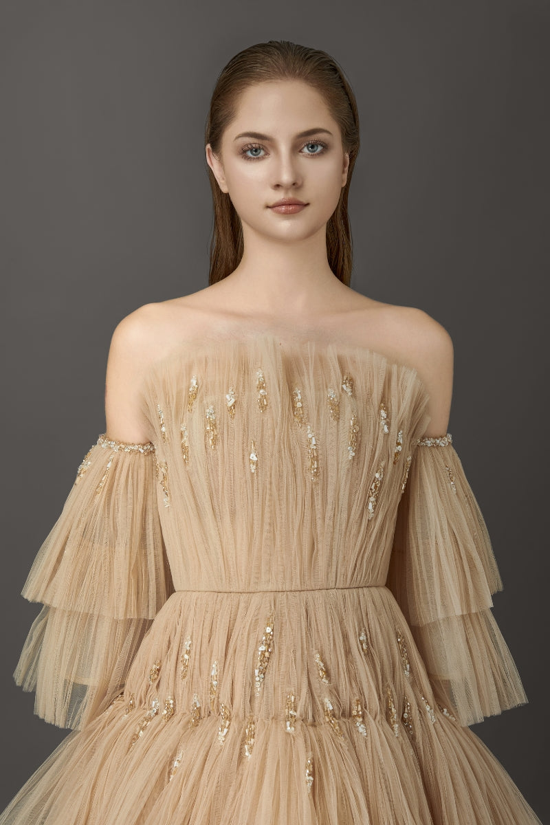 THREE LAYERS TULLE DRESS WITH LEAF-SHAPE CRYSTAL EMBROIDERIES - CULT MIA