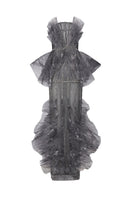 Dark gray pleated chiffon gown with crystal embroidery by Phan Huy, featuring a flowing design and elegant pleats.