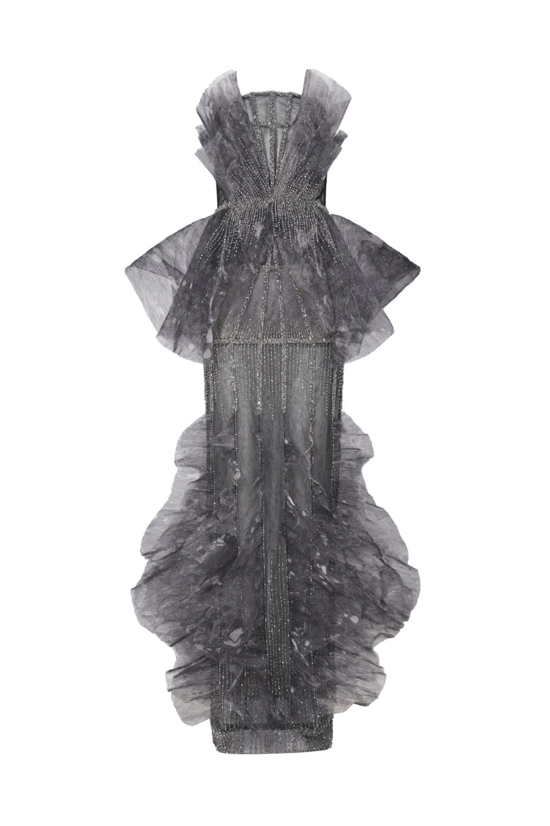 Dark gray pleated chiffon gown with crystal embroidery by Phan Huy, featuring a flowing design and elegant pleats.