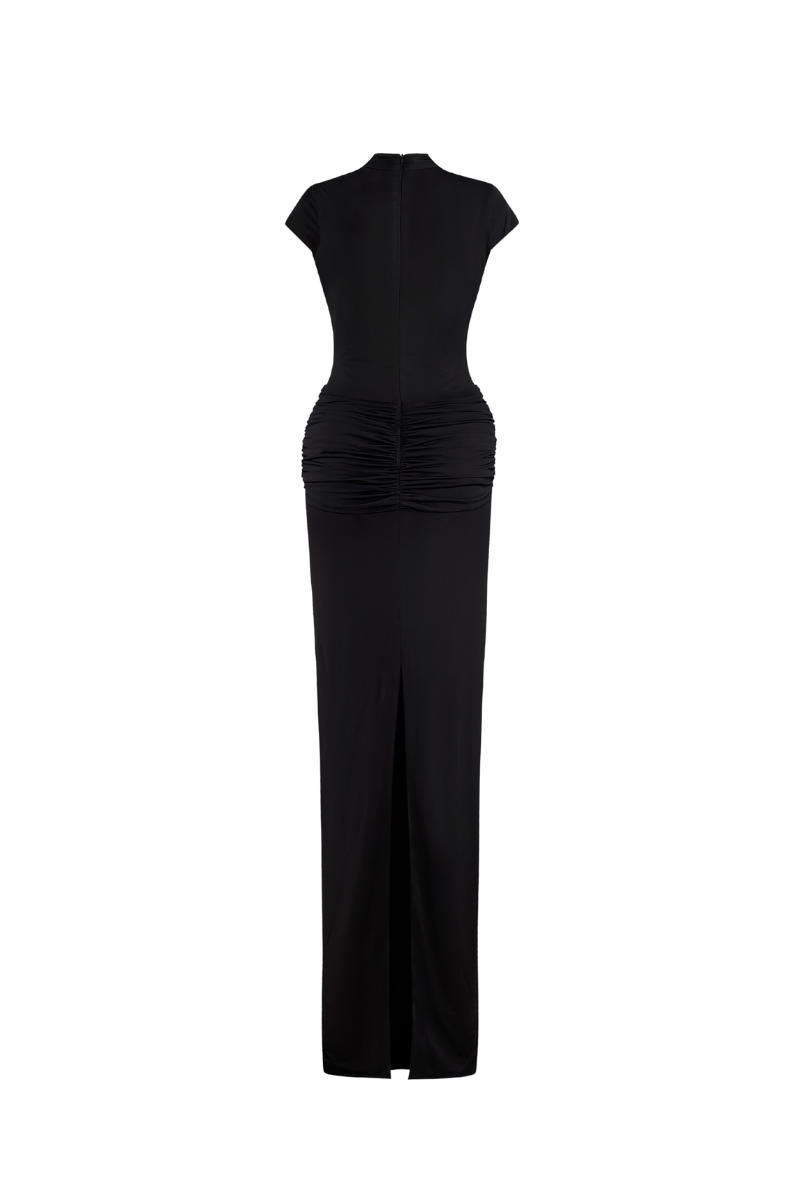 BLACK DEEP PLUNGE GOWN WITH BROOCH DETAIL - CULT MIA