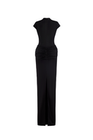 Black deep plunge maxi gown by CEM with a brooch detail, featuring elegant fabric and a flowing silhouette.