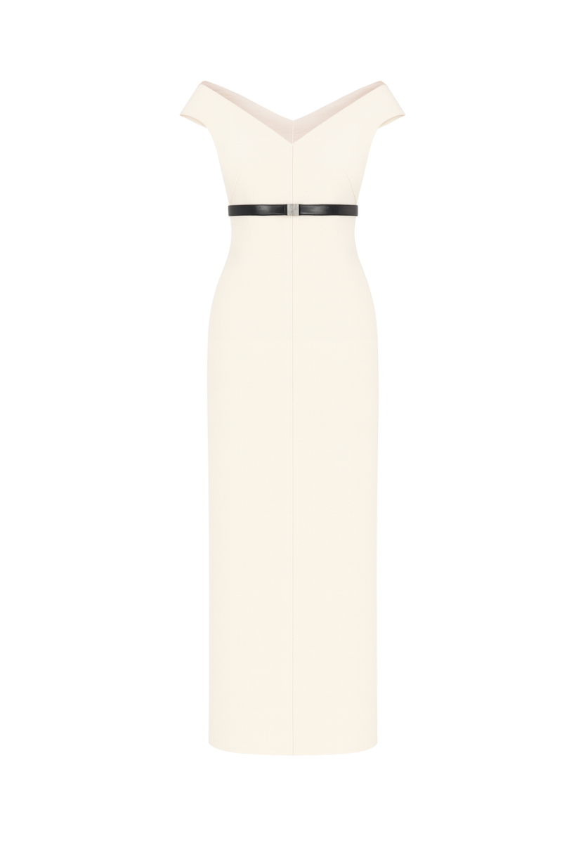 CREAM ISMERA SHEATH OFF-SHOULDER CREPE CALF LENGTH DRESS