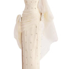 Beige straight long gown with matching headscarf by Happy Clothing, featuring elegant fabric and modest design.