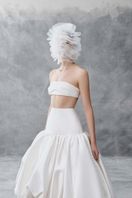 White draped bandeau top and balloon skirt co-ord set by Phan Huy, featuring flowing fabric and stylish design.