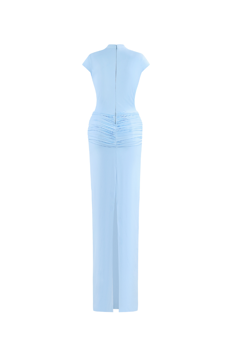 BLUE DEEP PLUNGE GOWNS WITH BROOCH DETAIL - CULT MIA