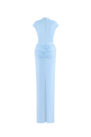 CEM blue deep plunge gown with brooch detail, elegant maxi dress featuring a plunging neckline and sophisticated design.