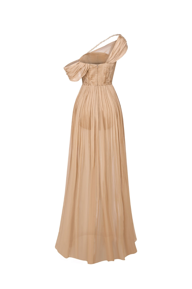 BROWN NUDE CHIFFON WITH HAND- PLEATED MAXI DRESS - CULT MIA