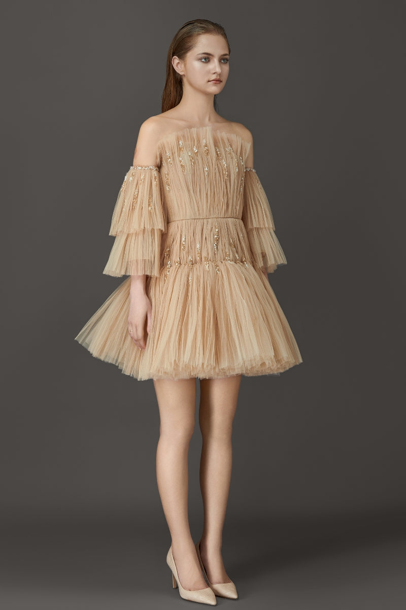 THREE LAYERS TULLE DRESS WITH LEAF-SHAPE CRYSTAL EMBROIDERIES - CULT MIA