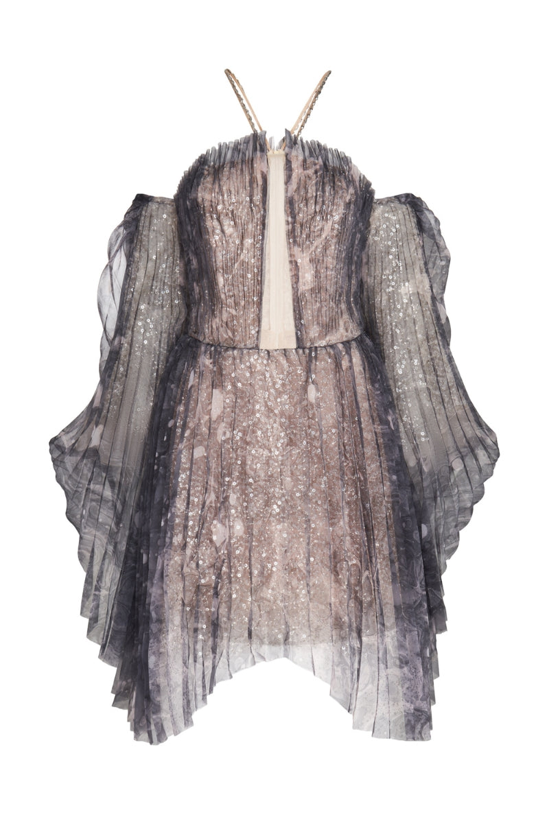 LONG-SLEEVED SEQUIN-DETAILED PLEATED CHIFFON DRESS - CULT MIA