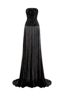 Black beaded sheer gown by CEM featuring a flowing silhouette and intricate beadwork, showcased on a model.