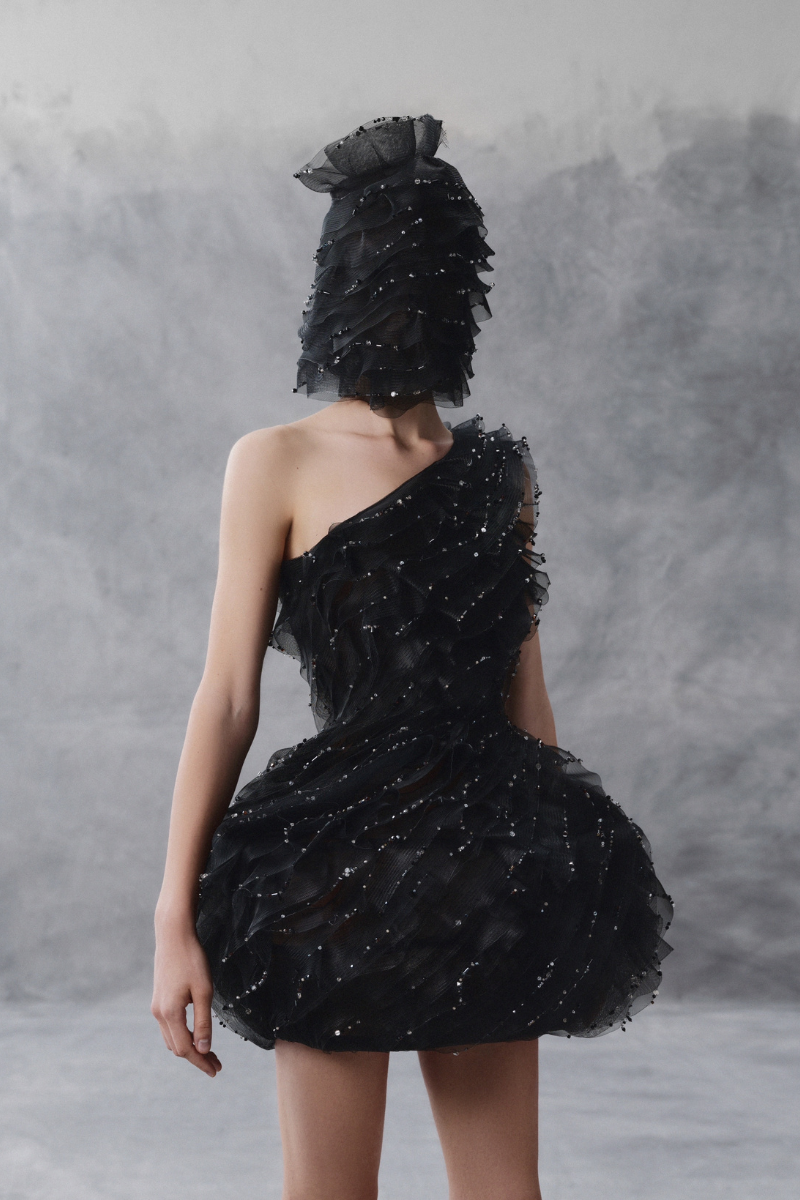 ASYMMETRIC BALLOON BUSTIER DRESS IN BLACK - CULT MIA