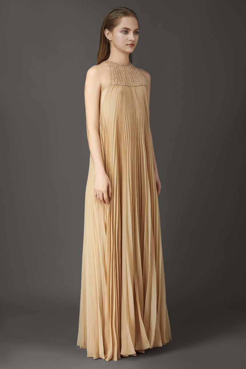 MAXI RELAXED PLEATING DRESS WITH HAND EMBROIDERY - CULT MIA