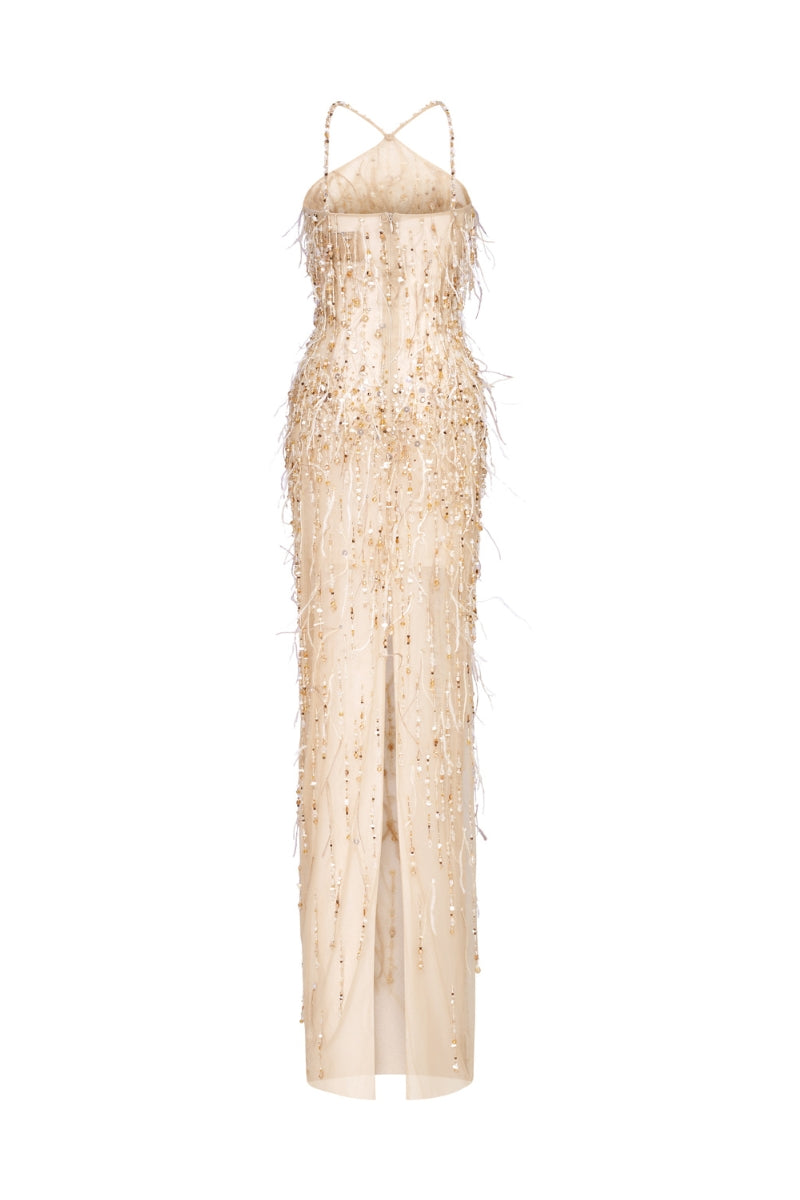 FEATHER & CRYSTAL-FRINGE EMBROIDERED HALTER DRESS - CULT MIA
